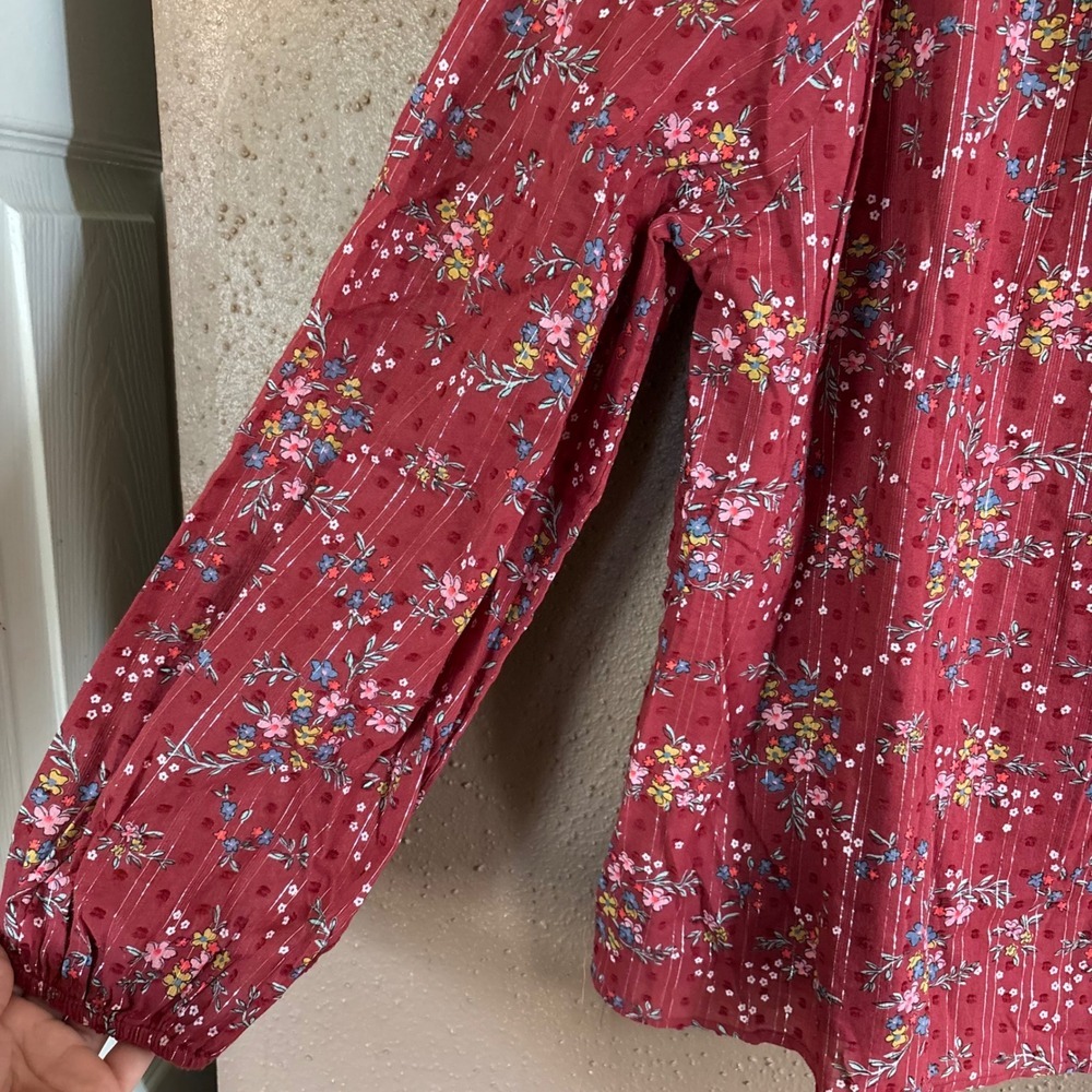 Style & Co Merlot Red Floral Metallic Stripe Tassel Peasant Blouse XL - Picture 5 of 7